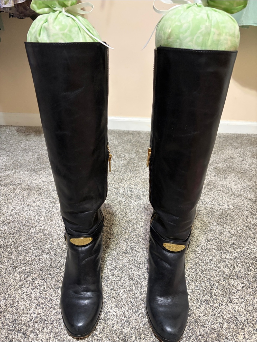 Michael Kohrs Black Leather Knee-High Boots with Gold Accent